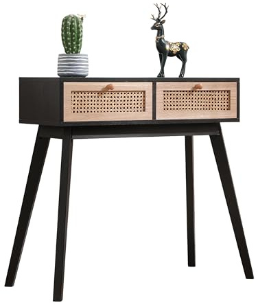 FUSIDE Console Table Dressing Table Rattan Storage Unit with 2 Drawer for Hallway Living Room Bedroom,Natural or Black (Black and Natural, 80x40x77.5)