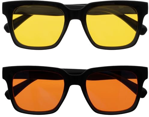 OPULIZE ERA Sunglasses - Yellow/Orange Lenses - 2 Pack - Anti-reflective & Anti-Glare - Polarised Lenses With UV400 Protection - Oversized Rectangular Frame - Spring Hinges - Black - Mens Womens