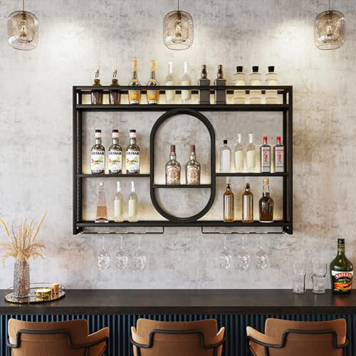 Zanefoo Étagère À Vin en Métal Murale avec Weinglashalter,Casier À Vin en Métal Weinregal Wand AVCE LED pour Porte-Bouteilles Muraux Industriels Homebar, Cuisine, Gastronomie(Black,1m)