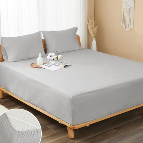 HOMTEC Spannbettlaken aus 100% Perkal-Baumwolle, California-King-Size-Bett, 20,3–38,1 cm tief, kühlendes Spannbetttuch, atmungsaktiv, weich und knackig, nur mit 4 Eckgurten (Cal Kingsize, Hellgrau)