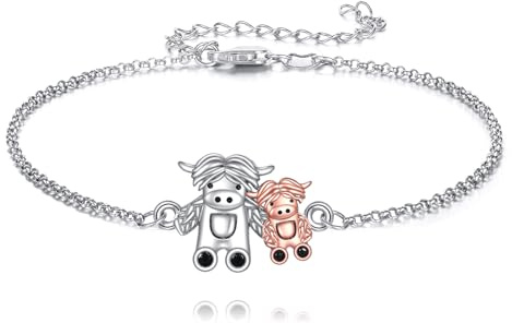 URONE Highland Kuh Armband aus 925er Sterling Silber mit Doppel Kuh Motiv Süßer Tier Schmuck für Frauen