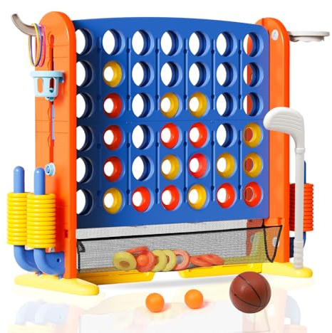 Giant Connect 4, Family Games for Kids and Adults, Outdoor/Indoor Giant Garden Games with Basketball Hoop, Ring Toss, 42 Jumbo Rings, Golf Game, Giant 4 in A Row Game Set