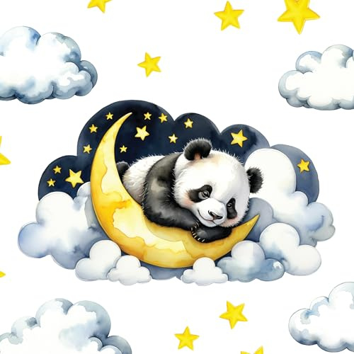 Boho Kinderzimmer Wandtattoos – Traumhafter Aquarell Panda auf Wolke | Mehrteiliges Set mit Wolken, Mond & Sternen | Abnehmbare Stoff Wanddeko fürs Kinderzimmer