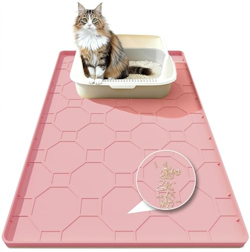 Large Cat Litter Mat 86 X 56 cm, Raised Edge, Spill-proof,Pink | Silicone Mat Litter Trapping Mat for Scatter Control, Waterproof & Easy Clean Kitty Litter Tray Mat