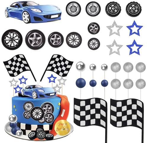 SYKYCTCY 28 Pack Blue Racing Birthday Cake Toppers Ball Cake Topper Grid Flag Tire Birthday Cake Decoration Baby Shower Party Racing Theme Decoration Supplies