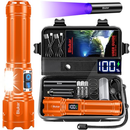 Blukar Torcia LED Potente Professionale, Super Luminoso Torcia Zoomabile | 2 Temperature di Colore, 7 Modalità, Ricaricabile, Impermeabile per Campeggio/Emergenza-Arancione