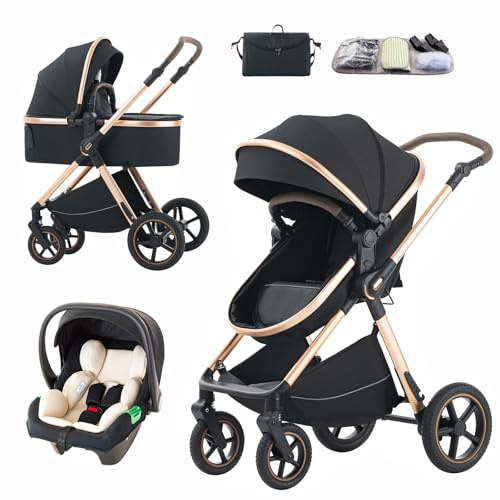 Mobayta Kinderwagen 3 in 1 Kinderwagenset bis 22 kg mit höhenverstellbarem Griff mit Aluminiumrahmen für Neugeborene 0-4 Jahre (BLACK-D2, H2-D)