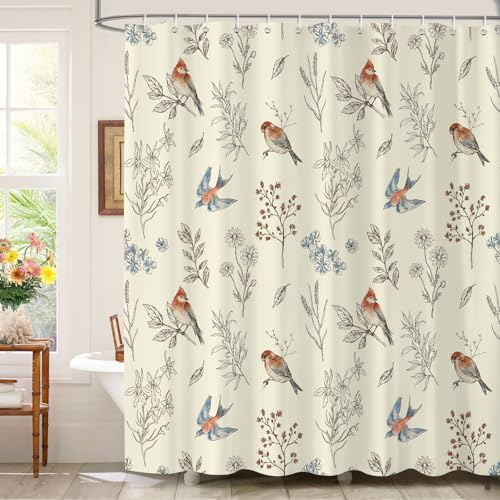 Dazzlewall Rideau de Douche Herbes & Oiseaux 180 x 180 cm, Beige Botanique Rideaux de Baignoire, Imperméable Anti-Moisissures Tissu avec 12 Crochets