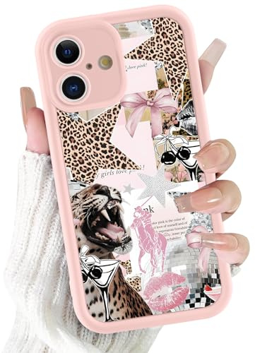 Tivkofk Leopard Flower Print Phone Case for iPhone 16 6.1'', Pink Cherry Bow Coquette Glitter Stars Y2K Aesthetic Case, Soft TPU Shockproof Cover with Camera Protection for Women Girls