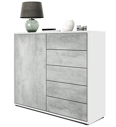 Vladon Sideboard Ben V2, Made in Germany, Kommode mit 1 Tür und 5 Schubladen, Weiß matt/Beton Oxid-Optik (79 x 74 x 36 cm)
