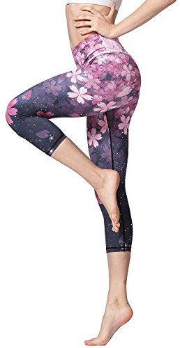 FLYILY Sporthose Damen Capri Yogahosen für Damen Elastische Tummy Control Yogahose Training Tights Yoga Hosen 3/4 Sporthose Laufhose(Cherry,M)