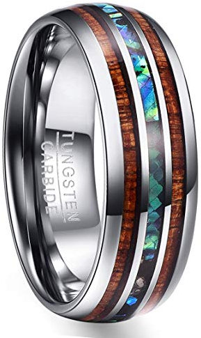 NUNCAD Herren Damen Partner Ring aus Wolfram 8mm Silber mit Muschel und Koaholz für Hochzeit Valentinstag Geburtstag Alltag Größe 80(25.5)