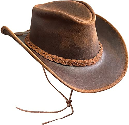 BRANDSLOCK Australischer Lederhut mit geflochtenem Band Original Cowboy Australischer Buschhut (2XL, Braun)