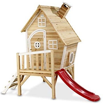 EXIT Toys Fantasia 300 Holzspielhaus für Draußen - Mit Rutsche, Treppe und Schornstein - Gartenhaus aus Holz für Kinder - Einfache Montage - 100% FSC Zedernholz - 246x166x227cm - Natur