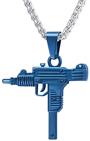 U7 blau Sturmgewehr Mini UZI Anhänger Halskette Coole Armee Gewehr Form mit 60cm/3mm Edelstahl Weizenkette Männer Jungen Hip Hop Modeschmuck Geschenkidee für Geburtstag