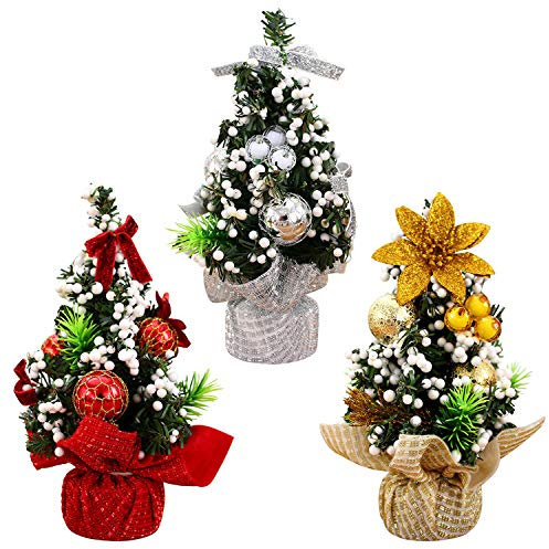 LAEMILIA 3 Stück Mini Tannenbaum Weihnachtsdeko Künstlicher Weihnachtsbaum Klein Tischdeko mit Weihnachtskugeln Schleife Grün Christbaum Weihnachten Dekoration Prop (Deko-Set, 3)