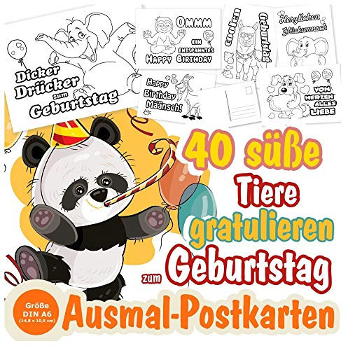 Unser-Festtag Geburtstags-Postkarten zum Ausmalen für Kinder, mit lustigen Tieren (Format Din A6)