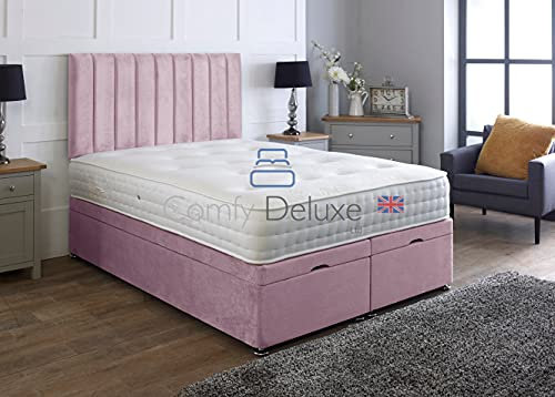 Comfy Deluxe LTD Velvetto Ottoman Gas Lift Bed With Vertical Lined Headboard And Memory Sprung Mattress | Foot Lift Open Ottoman Bed | Ottoman Bed Set (Rose Pink, 4.0FT Small Double)