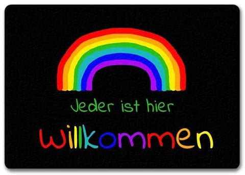 Regenbogen Fußmatte in 35x50 cm ohne Rand mit Spruch - Jeder ist Hier Willkommen LGBTQ als schöne Geschenkidee für Freunde die keinerlei Vorurteile gegenüber Menschen haben und
