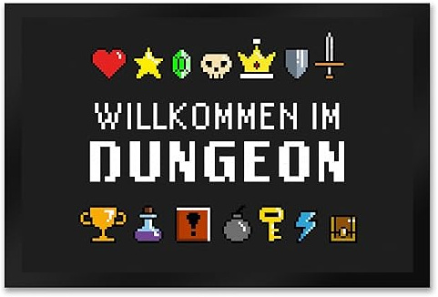 speecheese Willkommen im Dungeon Fußmatte XXL in 50x75 cm für Gamer mit bunten Pixel-Items als Coole Dekoration für Dein Gamingzimmer oder das Kinderzimmer von einem Liebhaber von Retro
