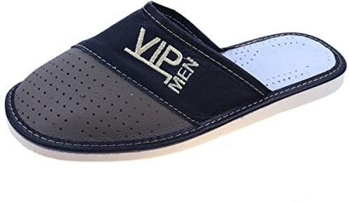 APREGGIO - Ciabatte Uomo in Pelle Liscia - Pantofole Casa Uomo - Con le dita coperte - Slip-On - Suola Piatta - Vip Grigio - Taglia 46 EU