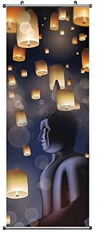 CoolChange Asiatisches Buddha Kakemono | Rollbild aus Stoff 100x40cm | Motiv: Himmelslaternen