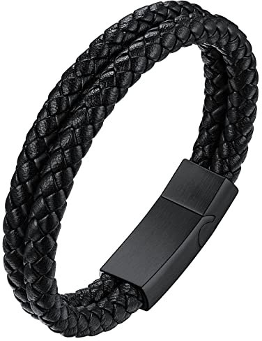 ChainsHouse Leather Cuff Bracelet - Braided Bangle for Women, Men, Dad - Surfer Rope Woven Cord Black Wristband