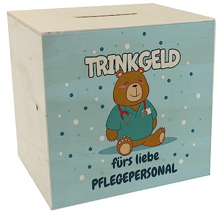 Trinkgeld fürs Liebe Pflegepersonal Spardose aus Holz mit süßem Bären-Motiv als schöne Geschenkidee für Pfleger:innen im Krankenhaus oder Altenheim um ihnen für die Gute Arbeit zu