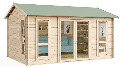 BillyOh Darcy 14x10 Log Cabin Summer House Shed with 19mm Wall Logs Thickness, Modern Apex Roof, Wood & Shatterproof Windows – Garden Room, Gym, Outdoor Office, Studio, or Garden House