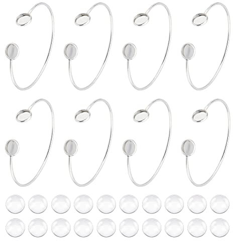 UNICRAFTALE 8 STK Cabochon Armbänder Verstellbar 304 Edelstahl Rohlinge Armreif Mit 20 STK Transparenten Glascabochons 10 mm Flaches Rundes Tablett Armbänder DIY Schmuckzubehör