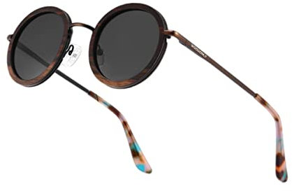WOODONLY Holz Runde Polarisierte Sonnenbrille - Retro Hölzerne Sonnenbrille mit Bambus Etui für Herren und Damen Perfekte Geschenke (Ebenholz)