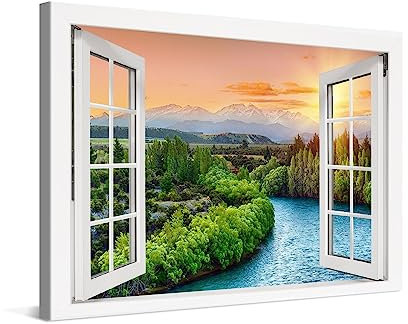 PICANOVA – Leinwandbild 120x80cm Fluss Sonnenuntergang Fenster – Leinwanddruck – Wandbild Kunstdruck Auf 2cm Holz-Keilrahmen Für Schlaf- Und Wohnzimmer Wanddekoration – Bild auf Leinwand