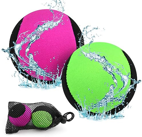 TSLBW 2 Pieces Water Bouncing Ball Beach and Swimming Pool Soft Ball Toy Water Spring Stress Relief with Storage Mesh Bag for Adults Kids Swimming Pool Beach Sea Outdoor Activities (Green/Purple)