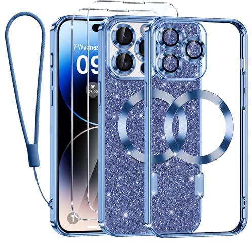 Kokio für iPhone 14 Pro Max Hülle Mit Glitzer Karte,Kompatibel mit MagSafe,Mit 2*Schutzfolie und 1*Handykette,Kamera Objektivschutz,iPhone 14 Pro Max 6.7 Flash Handyhülle für Frauen Mädchen,Blau