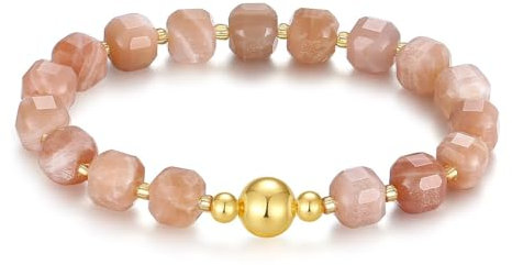 MetJakt Handgemachtes Stretch Armband Echtes 8MM Naturstein Würfel Design 18k Vergoldet Kugel für Damen und Herren Edelstein Perlenarmband (Sonnenstein -Vergoldet)