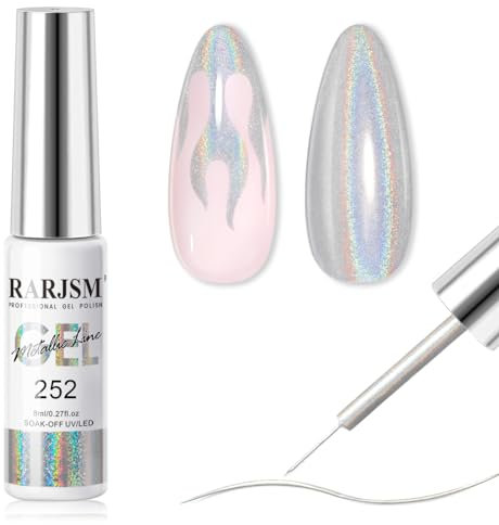 RARJSM Metallic Nail Art Chrome Gel Liner Holographic Laser Silver Mirror 3D Rainbow Effect 8ml Build in Thin Brush Metal Painting Drawing Striper Thin Brush Gel Polish Soak off UV LED Curing Requires