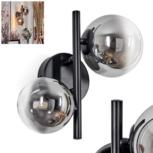 Wandleuchte Chehalis, moderne Wandlampe aus Metall/Glas in Schwarz/Rauchfarben/Klar, Leuchte im Retro/Vintage-Design mit Schirmen aus Glas (Ø 10 cm, 12cm), 2 x G9, ohne Leuchtmittel