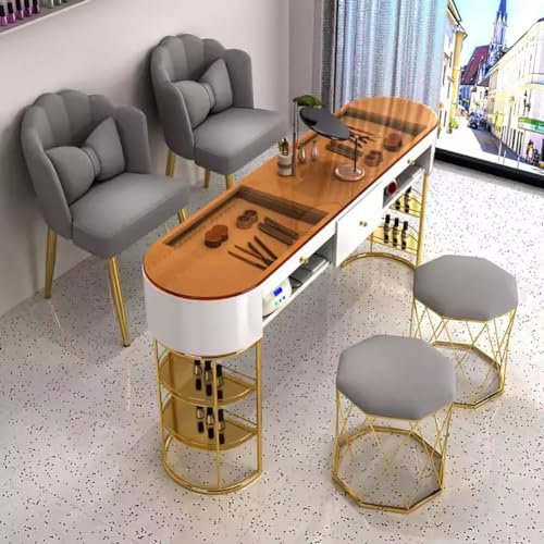 BOYITES Freestanding Tempered Glass Manicure Table, Modern Art Nail Tech Workstation, Professional Manicure Shop Equipment, Nail Table with Storage Legs, Assembled Manicure Booth,160cm