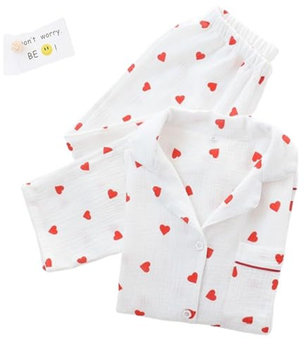 Pyjama-Set mit Herz-Print, Baumwoll-Pyjama-Set, süßes Langarm-Button-Down-Shirt mit Herz-Print und Langer Hose,Weiß,L