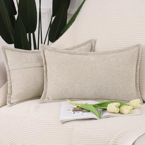 Madizz 2er Set Fransen Chenille Schlicht Zierkissenbezüge Modern Kissenbezug Kissenhülle Sofakissen Lendenkissen für Sofa Schlafzimmer Leichtes Taupe 40x80 cm