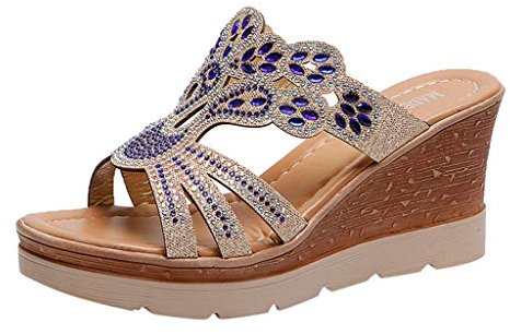 Spessa Boemia Scarpe Sandali Zeppe Pantofole Toe Donna Cristallo Zeppe Lungo Zeppa Pioggia Stivali per le Donne, Blu, 38.5 EU