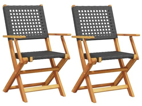 vidaXL Gartenstühle 2 STK., Gartenstuhl mit Armlehnen, Klappstuhl für Garten Balkon Terrasse, Gartensessel Stuhlset, Schwarz Massivholz Akazie Poly Rattan