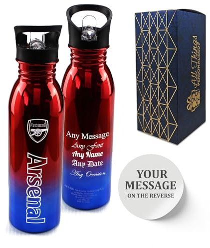 Personalised Metallic Water Bottle, Made with Official Arsenal F.C. Bottle, Customise with Any Message, 700ml/24oz Capacity, Gift Boxed, Gift for Him, Stainless Steel Bottle