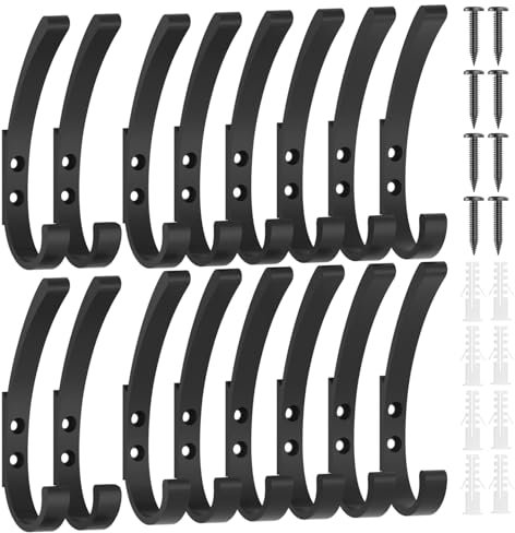KYOEON 16 Stück Garderobenhaken, Schwarz Kleiderhaken, Kleiderhaken Wand, Haken zum Schrauben, Handtuchhaken zum Bohren, Wandhaken für Badezimmer, Küche, Tür