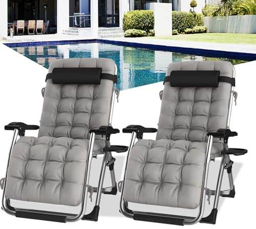 PMFRUG Tumbonas Gravedad Cero, Tumbona de Relax Silla de Jardín Plegable, para Playa, Piscina, Terraza,Camping.Carga Máxima 200kg (Set de 2, con Cojín Gris)
