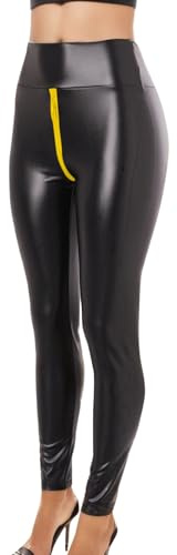 Generisch Lederleggings Damen Latex Leggings Lederhose Ouvert mit Reissverschluss Rave Hose Schwarz Lederoptik XS High Waist Kunstleder Matt