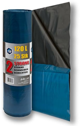 PAM-FOLIE Sacs poubelle 120L - 25 pièces - grands sacs épais - 70x110cm - double épaisseur - noirs, bleus Sacs - pour déchets de chantier