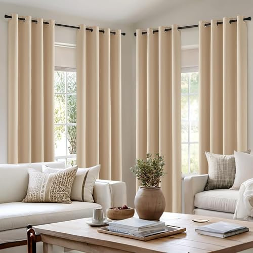 MIULEE Vorhänge Beige Blickdicht mit Ösen 200 CM Lang, Schöner Weicher Verdunklungsvorhänge zum Verdunkeln von Räumen, 4er Set Abdunkelnde Vorhänge Wohnzimmer Blickdichte Ösenvorhang Jeder H200 X B140