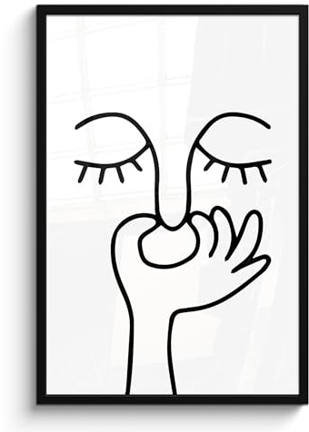 MuchoWow© Wandbilder mit Rahmen Wanddeko Bilder Wohnzimmer Moderne | 60x90 cm - Zimmerdeko Geschenk Bilderrahmen Strichzeichnungen - Gesicht - Weiß