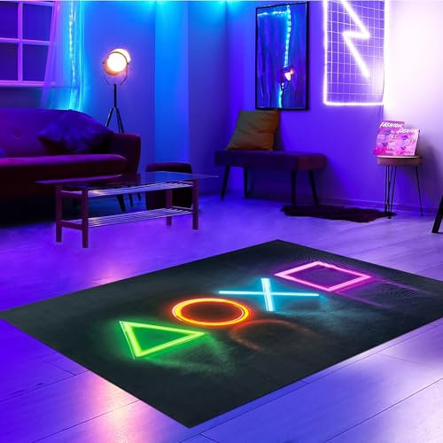 CARPETIA Teppich Jugendzimmer rutschfest LED-Optik flach saugrobotergeeignet pflegeleicht strapazierfähig Wohnzimmer Zocker-Ecke stylische Dekoration langlebig in Schwarz & Neonfarben 80 x 120 cm